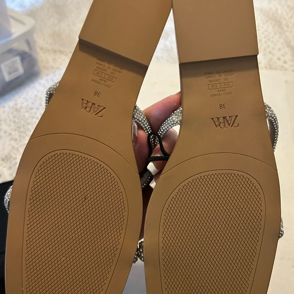 Zara Tan Slide Sandals with Silver Crystal Straps - Picture 3 of 3
